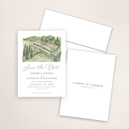 Borgo Stomennano save the date featuring a detailed watercolor of the Siena estate, classic wedding typography, white envelope, and minimalist printed back with couple’s names and wedding date.