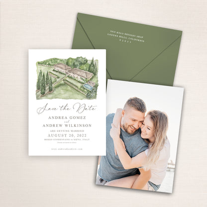 Borgo Stomennano Tuscany save the date with hand-painted watercolor illustration of the Italian villa and gardens, refined script typography, sage envelope, and engagement photo on the back.