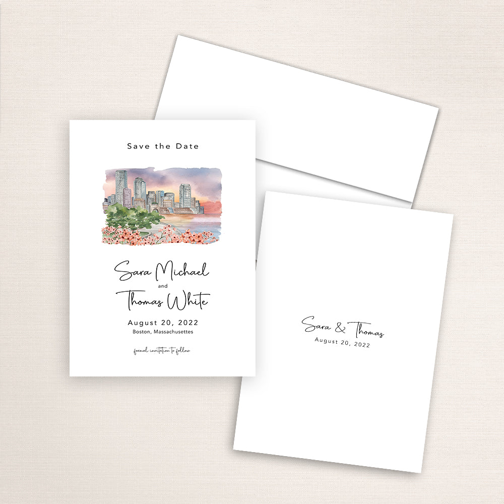 Custom watercolor Save the Date card featuring hand-painted venue illustration of Boston Harbor in personalized wedding stationery with elegant venue artwork. 