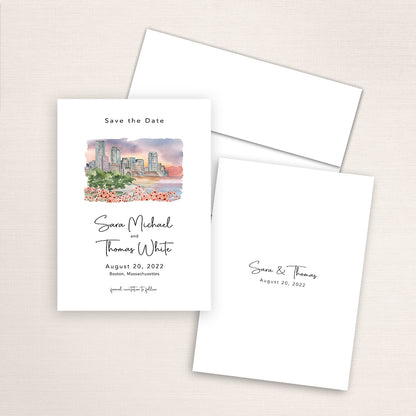 Custom watercolor Save the Date card featuring hand-painted venue illustration of Boston Harbor in personalized wedding stationery with elegant venue artwork. 