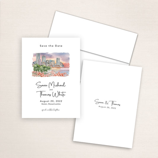 Custom watercolor Save the Date card featuring hand-painted venue illustration of Boston Harbor in personalized wedding stationery with elegant venue artwork. 