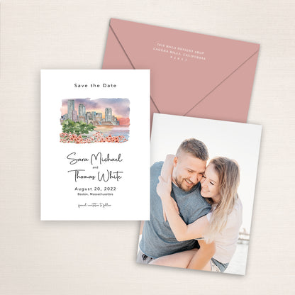 Custom watercolor Save the Date card featuring hand-painted venue illustration of Boston Harbor in personalized wedding stationery with elegant venue artwork with matching envelope. 
