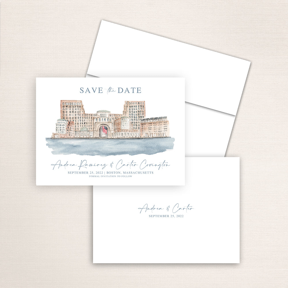 Custom watercolor Save the Date card featuring hand-painted venue illustration of the Boston Harbor Hotel in Boston, Massachusetts personalized wedding stationery with elegant venue artwork. 