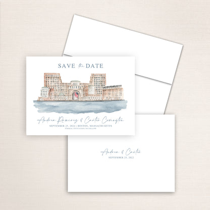 Custom watercolor Save the Date card featuring hand-painted venue illustration of the Boston Harbor Hotel in Boston, Massachusetts personalized wedding stationery with elegant venue artwork. 