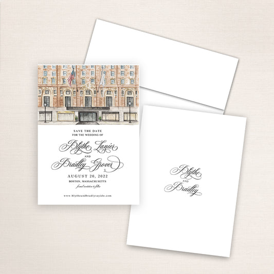 Custom watercolor Save the Date card featuring hand-painted venue illustration of Boston Park Plaza  in Boston, Massachusetts personalized wedding stationery with elegant venue artwork.