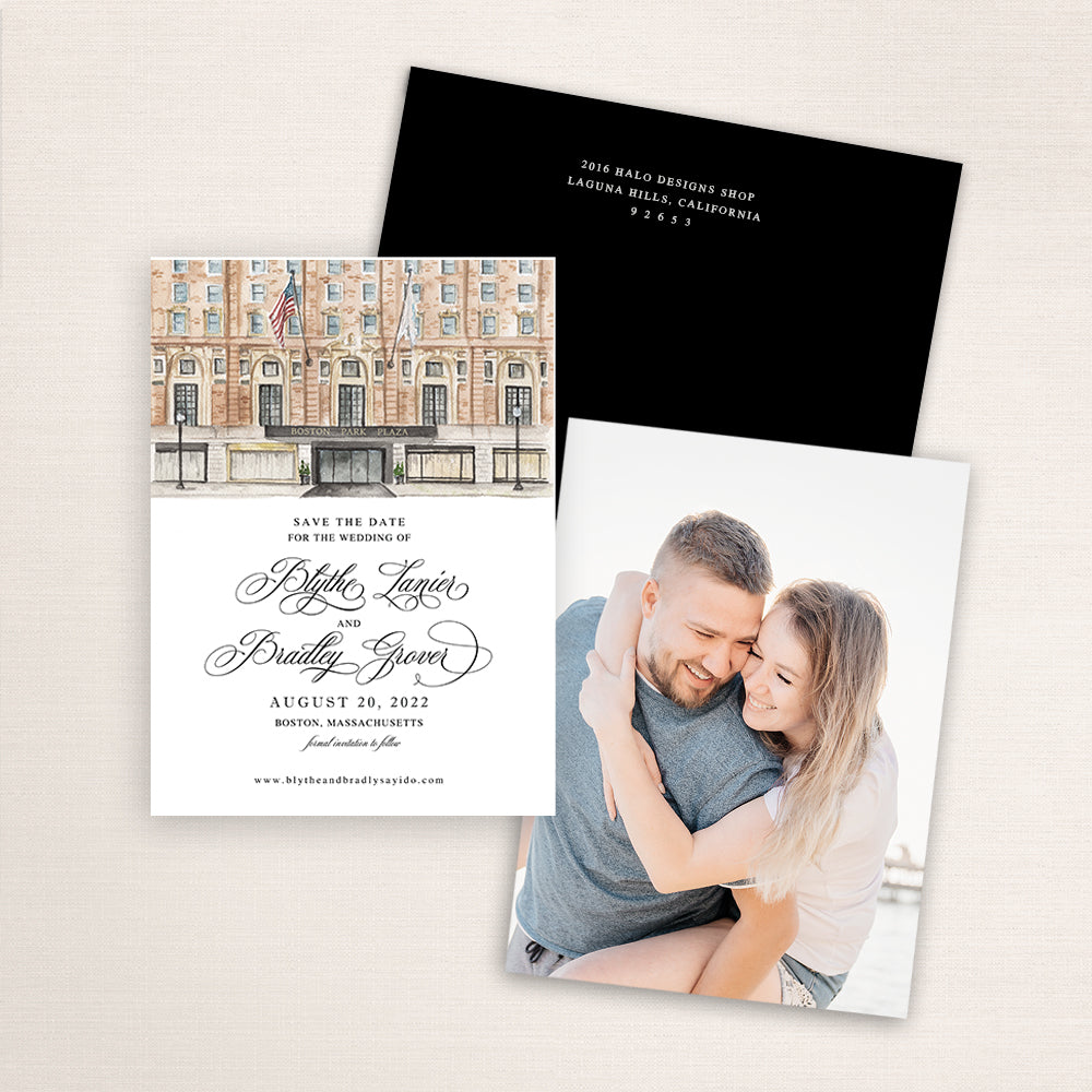 Custom watercolor Save the Date card featuring hand-painted venue illustration of Boston Park Plaza  in Boston, Massachusetts personalized wedding stationery with elegant venue artwork with matching envelope.