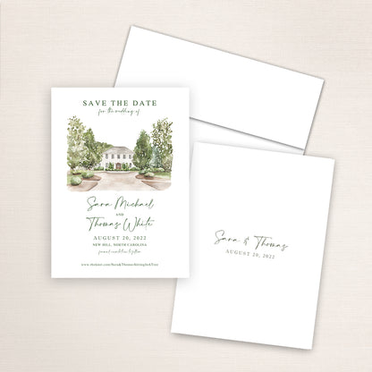 Custom watercolor Save the Date card featuring hand-painted venue illustration of the Bradford Estate in New Hill, North Carolina, personalized wedding stationery with elegant venue artwork. 