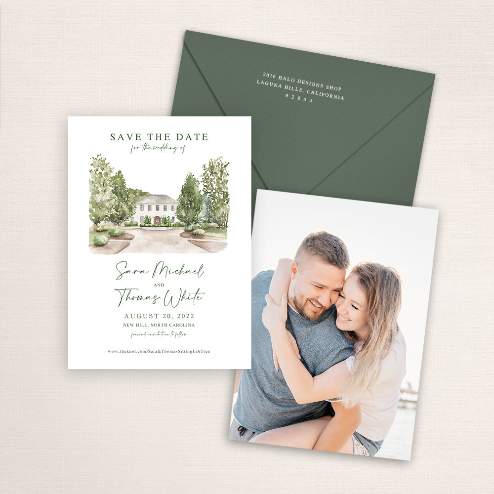 Custom watercolor Save the Date card featuring hand-painted venue illustration of the Bradford Estate in New Hill, North Carolina, personalized wedding stationery with elegant venue artwork with matching envelope.
