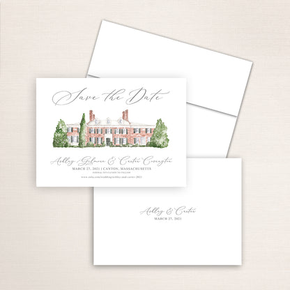 Custom watercolor Save the Date card featuring hand-painted venue illustration of Bradley Estate in Canton, Massachusetts personalized wedding stationery with elegant venue artwork. 