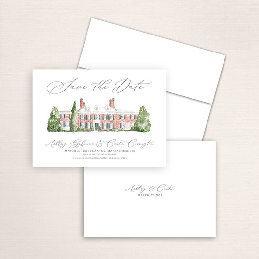 Custom watercolor Save the Date card featuring hand-painted venue illustration of Bradley Estate in Canton, Massachusetts personalized wedding stationery with elegant venue artwork. 