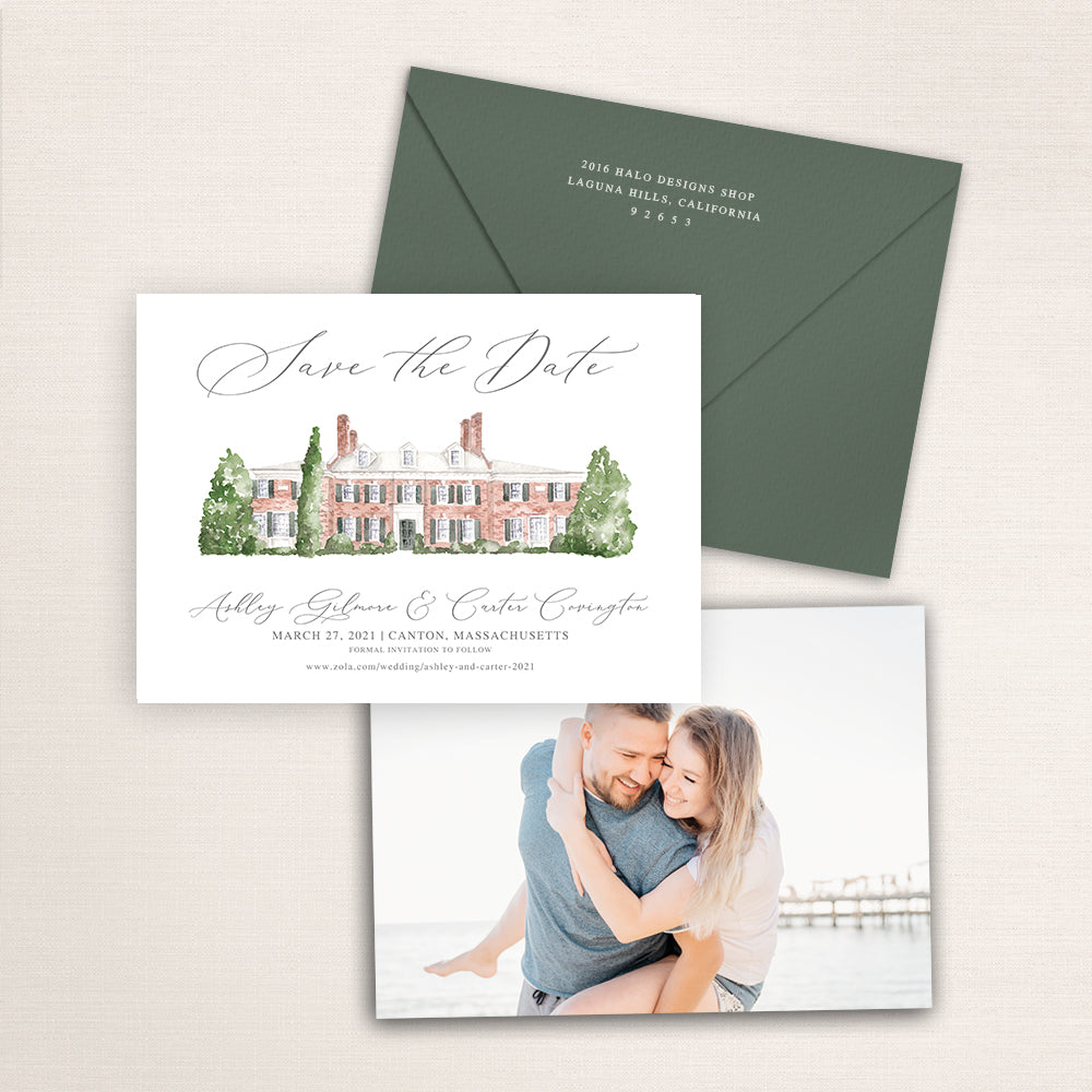 Custom watercolor Save the Date card featuring hand-painted venue illustration of Bradley Estate in Canton, Massachusetts personalized wedding stationery with elegant venue artwork with matching envelope. 