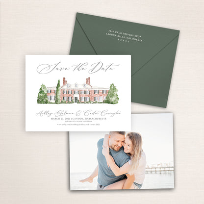 Custom watercolor Save the Date card featuring hand-painted venue illustration of Bradley Estate in Canton, Massachusetts personalized wedding stationery with elegant venue artwork with matching envelope. 