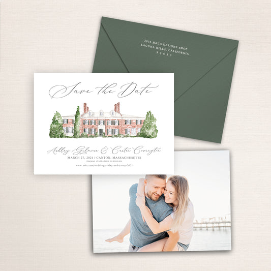 Custom watercolor Save the Date card featuring hand-painted venue illustration of Bradley Estate in Canton, Massachusetts personalized wedding stationery with elegant venue artwork with matching envelope. 