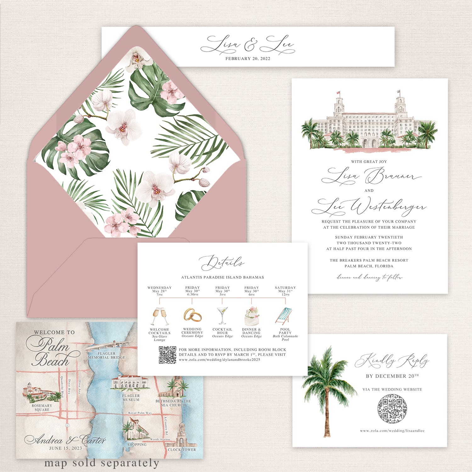 Tropical Palm Beach wedding invitation suite featuring a watercolor illustration of The Breakers resort, blush pink envelope with tropical floral liner, ceremony invitation, details card with wedding weekend itinerary icons, RSVP card with palm tree illustration and QR code, custom Palm Beach map insert, and elegant script typography.