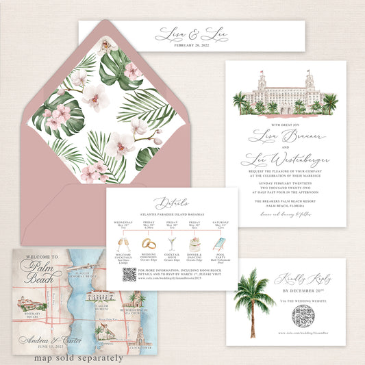 Tropical Palm Beach wedding invitation suite featuring a watercolor illustration of The Breakers resort, blush pink envelope with tropical floral liner, ceremony invitation, details card with wedding weekend itinerary icons, RSVP card with palm tree illustration and QR code, custom Palm Beach map insert, and elegant script typography.