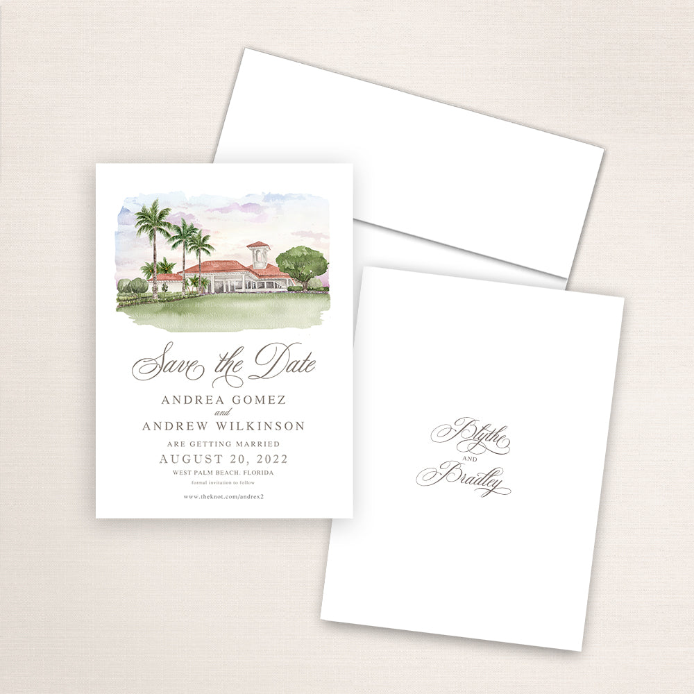 Custom watercolor Save the Date card featuring hand-painted venue illustration of Breakers West Country Club in West Palm Beach, Florida personalized wedding stationery with elegant venue artwork. 