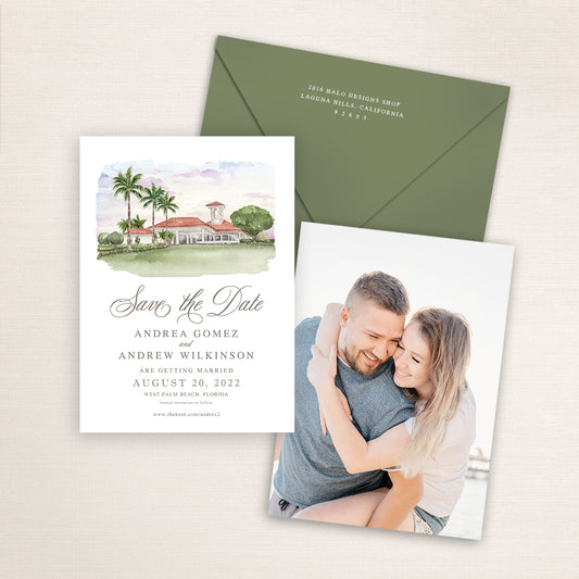 Custom watercolor Save the Date card featuring hand-painted venue illustration of Breakers West Country Club in West Palm Beach, Florida personalized wedding stationery with elegant venue artwork with matching envelope. 