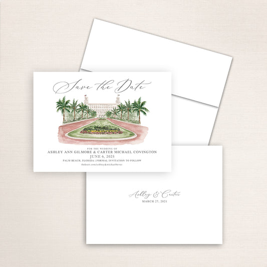 Custom watercolor Save the Date card featuring hand-painted venue illustration of the Breakers Hotel in Palm Beach, Florida, personalized wedding stationery with elegant venue artwork. 