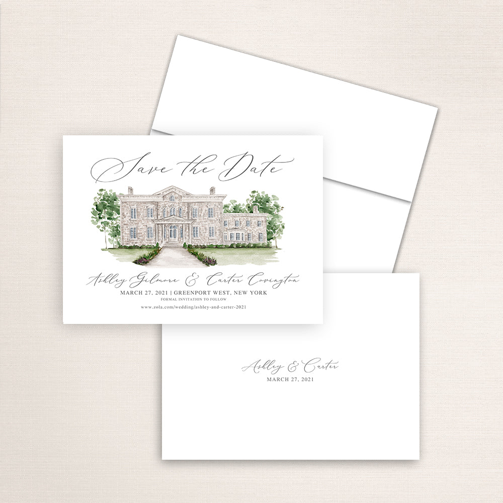 Custom watercolor Save the Date card featuring hand-painted venue illustration of Brecknock Hall in Greenport West, New York. Personalized wedding stationery with elegant venue artwork.