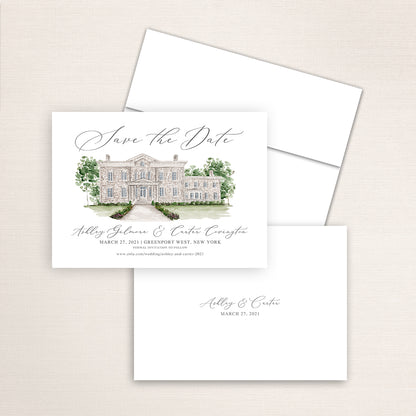 Custom watercolor Save the Date card featuring hand-painted venue illustration of Brecknock Hall in Greenport West, New York. Personalized wedding stationery with elegant venue artwork.