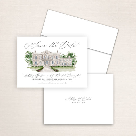 Custom watercolor Save the Date card featuring hand-painted venue illustration of Brecknock Hall in Greenport West, New York. Personalized wedding stationery with elegant venue artwork.