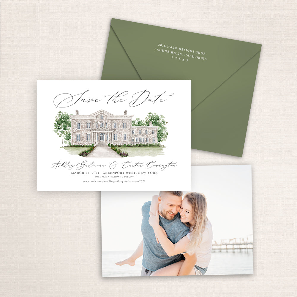 Custom watercolor Save the Date card featuring hand-painted venue illustration of Brecknock Hall in Greenport West, New York. Personalized wedding stationery with elegant venue artwork with matching envelopes.