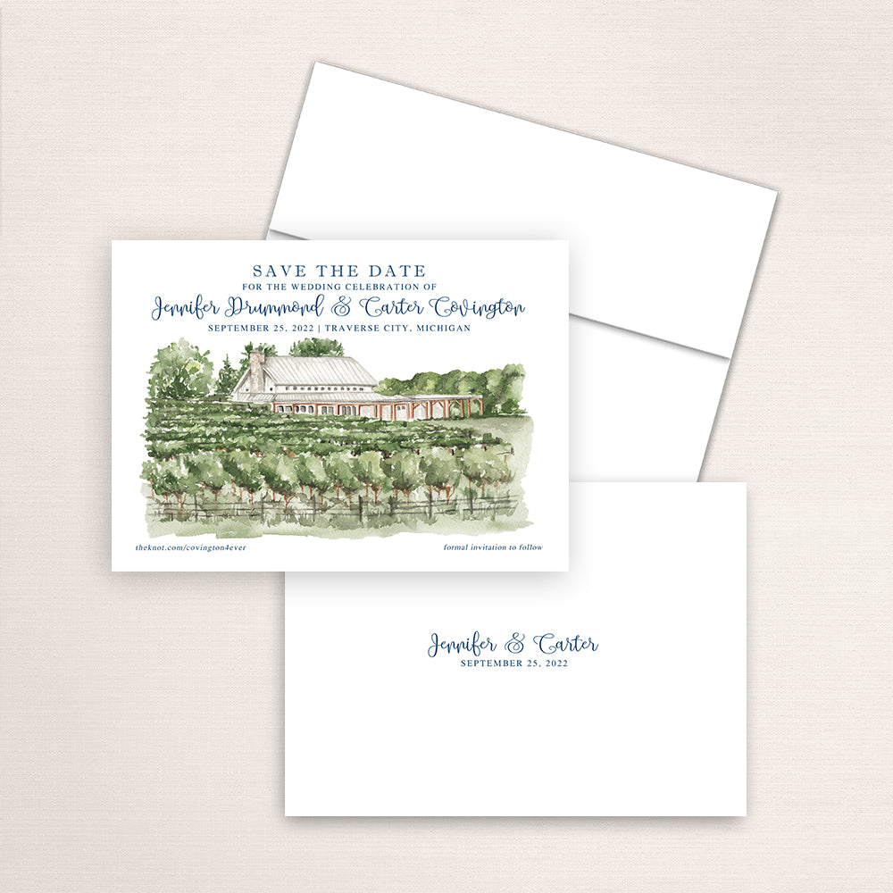 Custom watercolor Save the Date card featuring hand-painted illustration of Brengman Brothers Winery in Traverse City, Michigan, personalized wedding stationery with elegant venue artwork.
