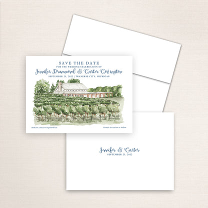 Custom watercolor Save the Date card featuring hand-painted illustration of Brengman Brothers Winery in Traverse City, Michigan, personalized wedding stationery with elegant venue artwork.