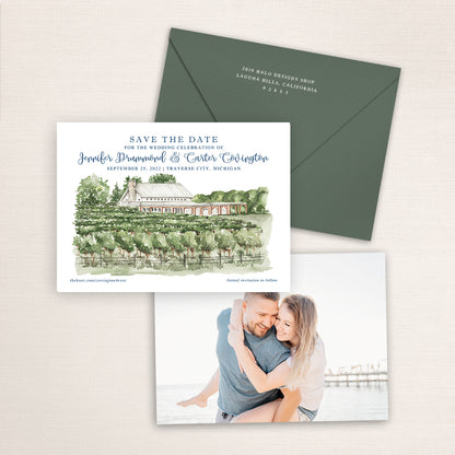 Custom watercolor Save the Date card featuring hand-painted illustration of Brengman Brothers Winery in Traverse City, Michigan, personalized wedding stationery with elegant venue artwork.