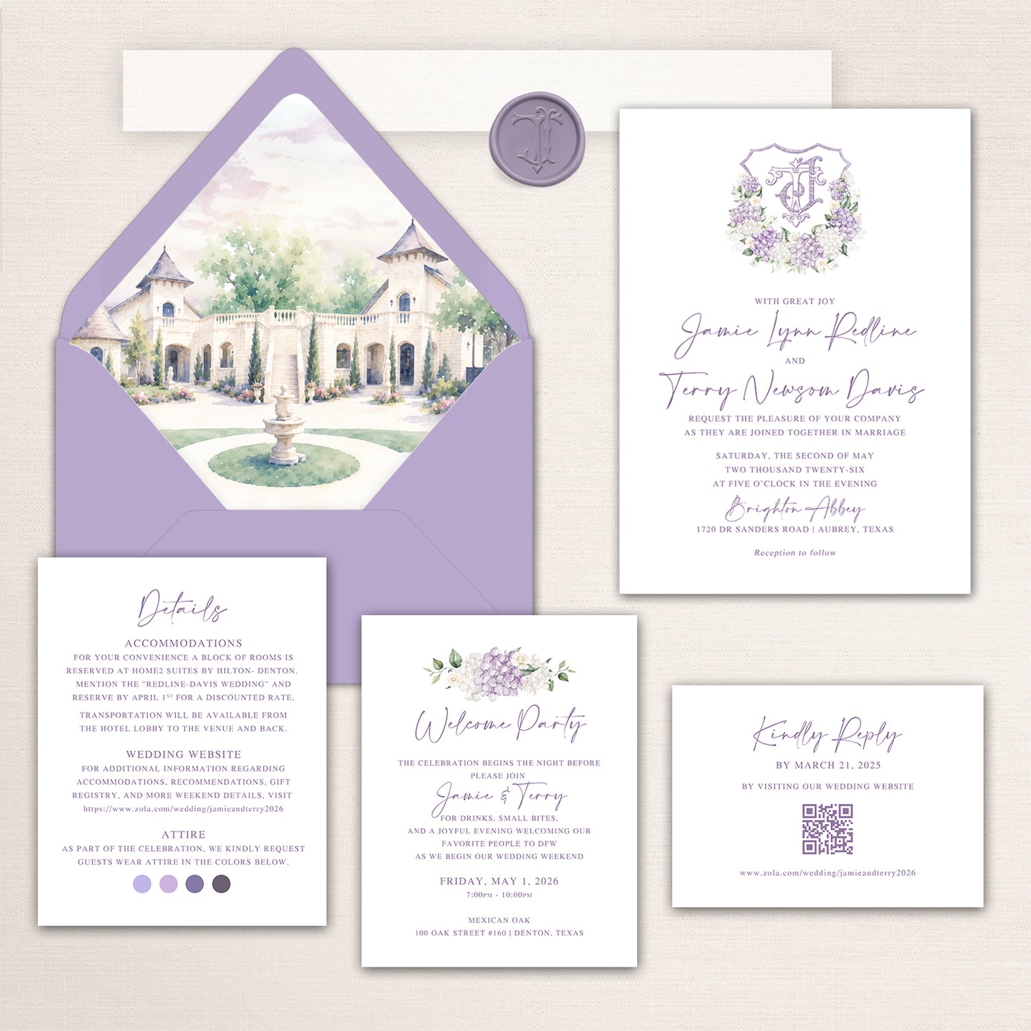 Elegant Brighton Abbey wedding invitation suite in lavender and white, featuring a watercolor venue envelope liner, custom monogram crest with purple hydrangeas, formal invitation, accommodations and attire card, welcome party invitation, online RSVP card with QR code, and coordinating lavender envelope and wax seal.
