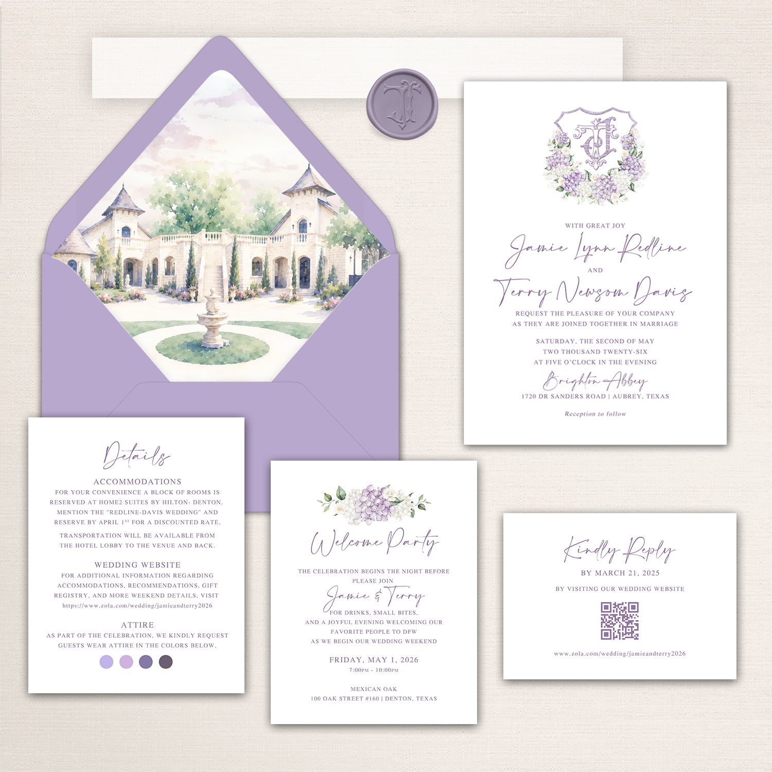 Elegant Brighton Abbey wedding invitation suite in lavender and white, featuring a watercolor venue envelope liner, custom monogram crest with purple hydrangeas, formal invitation, accommodations and attire card, welcome party invitation, online RSVP card with QR code, and coordinating lavender envelope and wax seal.