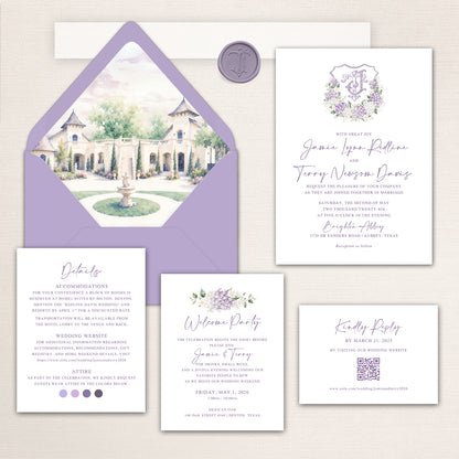 Elegant Brighton Abbey wedding invitation suite in lavender and white, featuring a watercolor venue envelope liner, custom monogram crest with purple hydrangeas, formal invitation, accommodations and attire card, welcome party invitation, online RSVP card with QR code, and coordinating lavender envelope and wax seal.