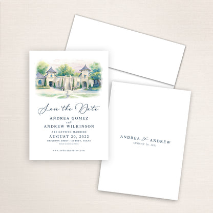 Brighton Abbey save the date with hand-painted watercolor artwork of the Texas venue, classic wedding typography layout, white envelope, and minimalist printed back with couple’s names and date.