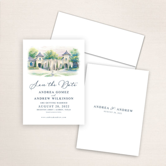 Brighton Abbey save the date with hand-painted watercolor artwork of the Texas venue, classic wedding typography layout, white envelope, and minimalist printed back with couple’s names and date.