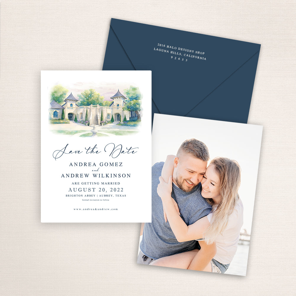 Brighton Abbey Aubrey Texas save the date featuring a soft watercolor illustration of the chapel and gardens, elegant script typography, navy envelope, and engagement photo on the back.