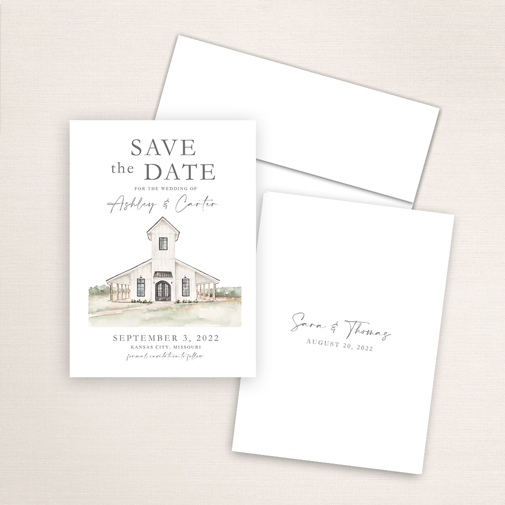 Custom watercolor Save the Date card featuring hand-painted illustration of Brim Chapel in Kansas City, Missouri, personalized wedding stationery with elegant venue artwork.