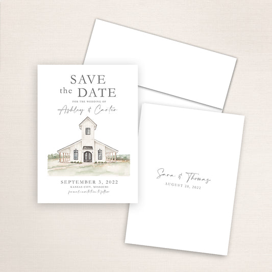 Custom watercolor Save the Date card featuring hand-painted illustration of Brim Chapel in Kansas City, Missouri, personalized wedding stationery with elegant venue artwork.