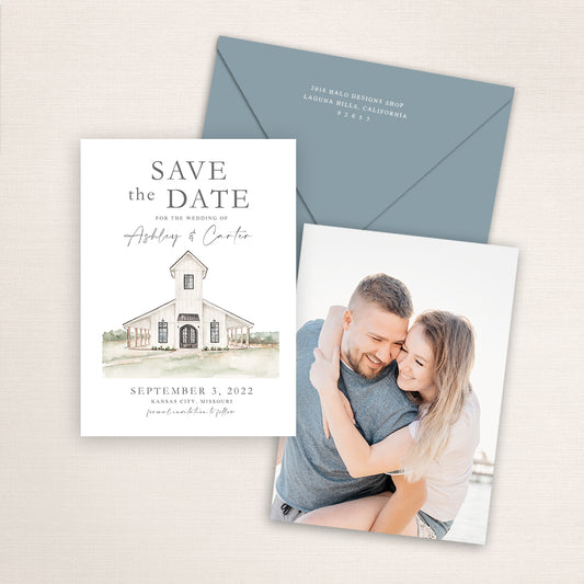 Custom watercolor Save the Date card featuring hand-painted illustration of Brim Chapel in Kansas City, Missouri, personalized wedding stationery with elegant venue artwork with matching envelope.