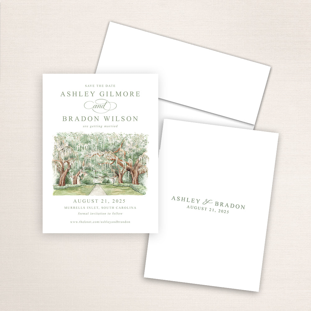 A watercolor painting of Brookgreen Gardens in South Carolina printed on a save the date wedding card.