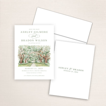 A watercolor painting of Brookgreen Gardens in South Carolina printed on a save the date wedding card.