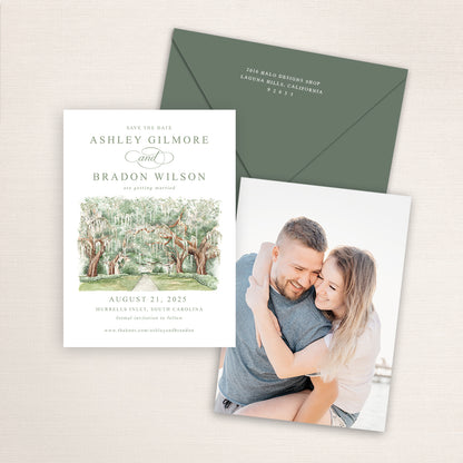A watercolor painting of Brookgreen Gardens printed on a save the date announcement with a photo on the back and matching envelopes.