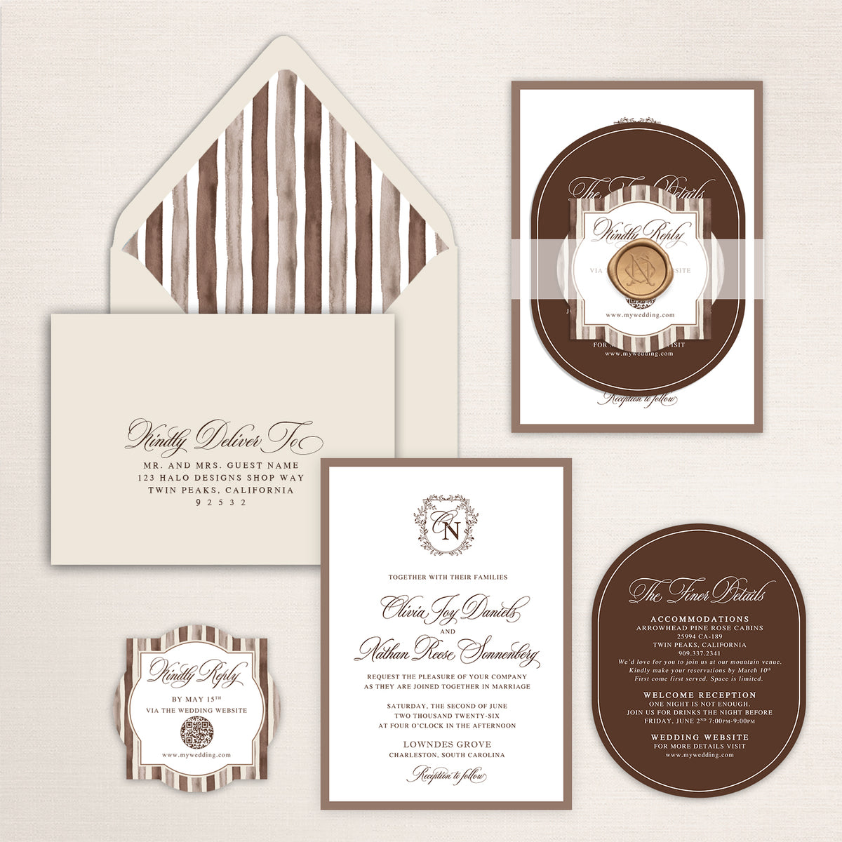 Chocolate brown and taupe wedding invitation suite with watercolor striped envelope liner, elegant calligraphy, custom monogram, oval details card, decorative die-cut QR code RSVP, vellum belly band, and wax seal for a sophisticated neutral wedding.