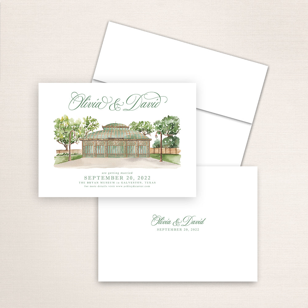 Custom watercolor Save the Date card featuring hand-painted illustration of the Bryan Museum in Galveston, Texas , personalized wedding stationery with elegant venue artwork.