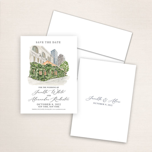 Custom watercolor Save the Date card featuring hand-painted illustration of Bryant Park in New York City, New York, personalized wedding stationery with elegant venue artwork.