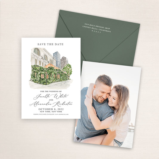 Custom watercolor Save the Date card featuring hand-painted illustration of Bryant Park in New York City, New York, personalized wedding stationery with elegant venue artwork with matching envelope.