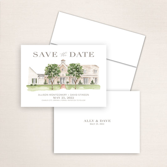 Custom watercolor Save the Date card featuring hand-painted illustration of Burlington Plantation in Charles City, Virginia, personalized wedding stationery with elegant venue artwork.