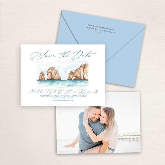 Custom watercolor Save the Date card featuring hand-painted illustration of Cabo San Lucas, Mexico, personalized wedding stationery with elegant venue artwork with matching envelope.