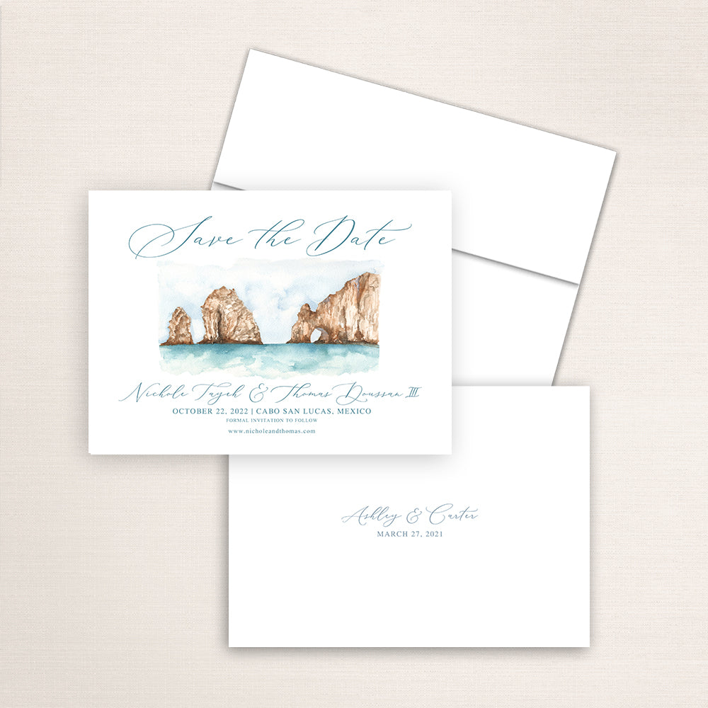 Custom watercolor Save the Date card featuring hand-painted illustration of Cabo San Lucas, Mexico, personalized wedding stationery with elegant venue artwork.