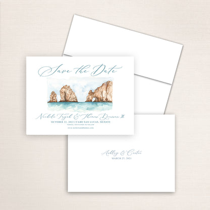 Custom watercolor Save the Date card featuring hand-painted illustration of Cabo San Lucas, Mexico, personalized wedding stationery with elegant venue artwork.