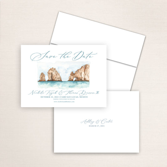 Custom watercolor Save the Date card featuring hand-painted illustration of Cabo San Lucas, Mexico, personalized wedding stationery with elegant venue artwork.